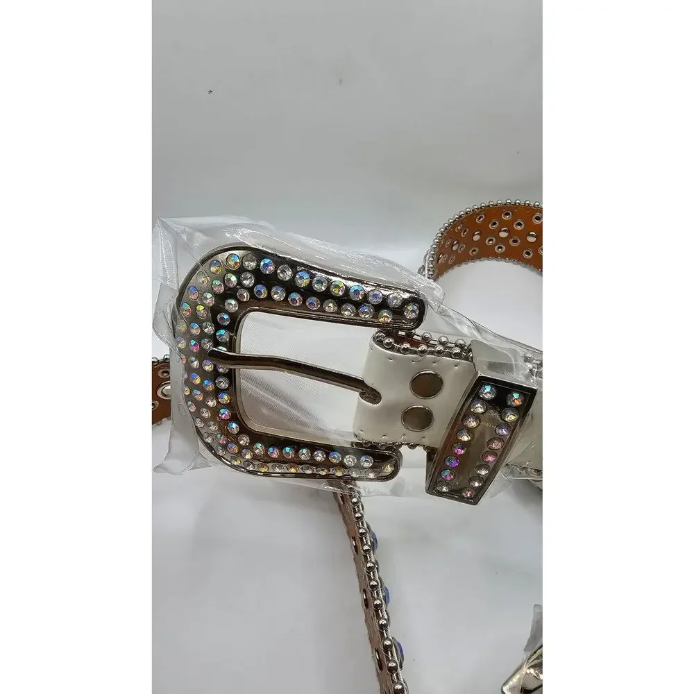 Luxury Western Cowboy Rhinestone Rivet Belt Faux Leather Bling UNISEX 45" - Picture 2 of 5